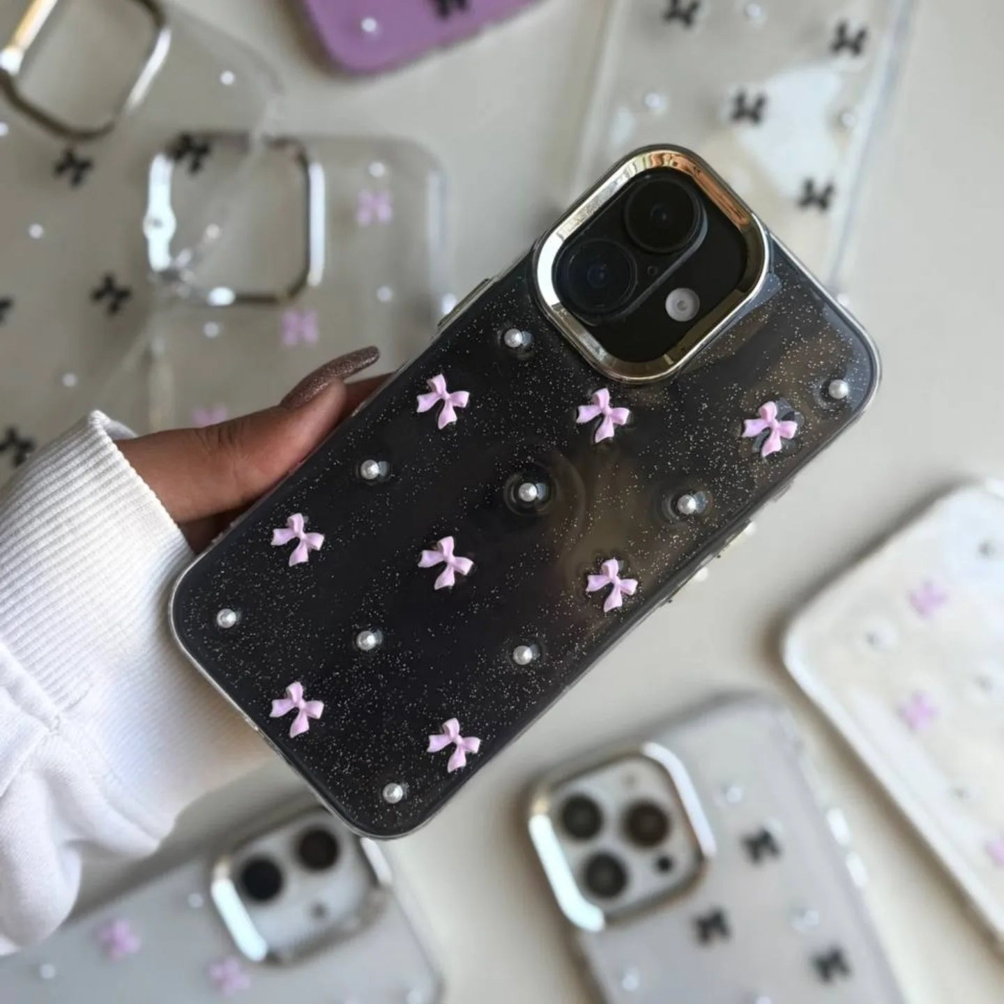 Pink Bow Crystal Shimmer Glittery Case 💗