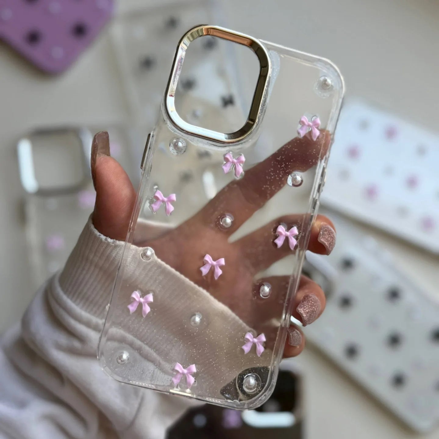 Pink Bow Crystal Shimmer Glittery Case 💗