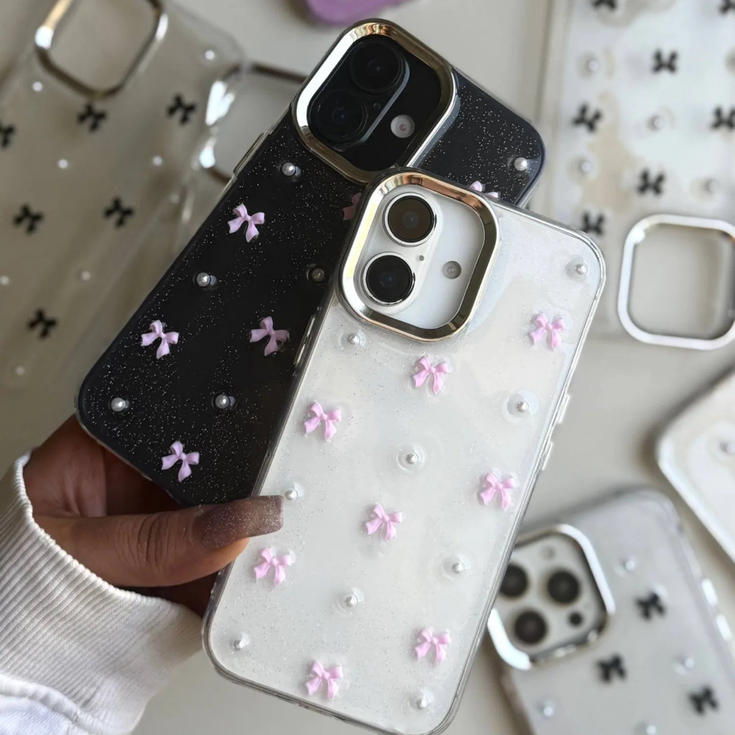 Pink Bow Crystal Shimmer Glittery Case 💗