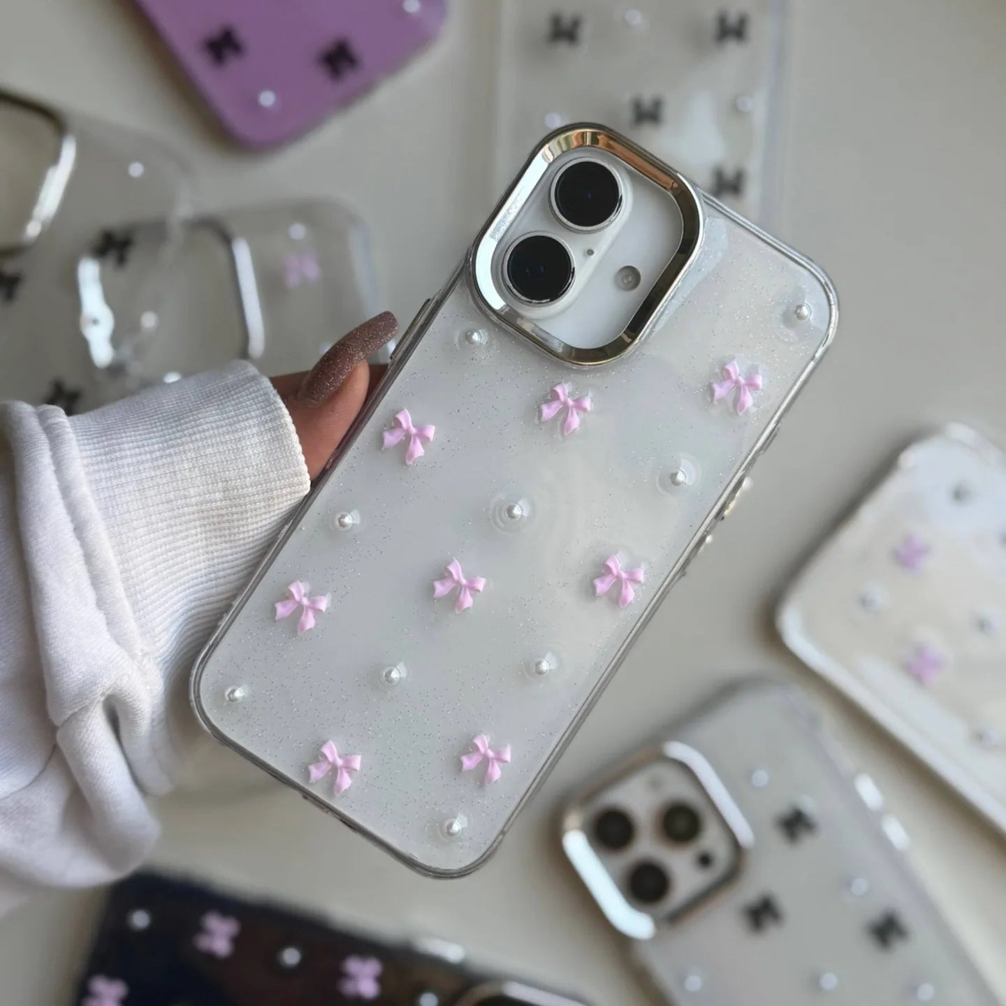 Pink Bow Crystal Shimmer Glittery Case 💗