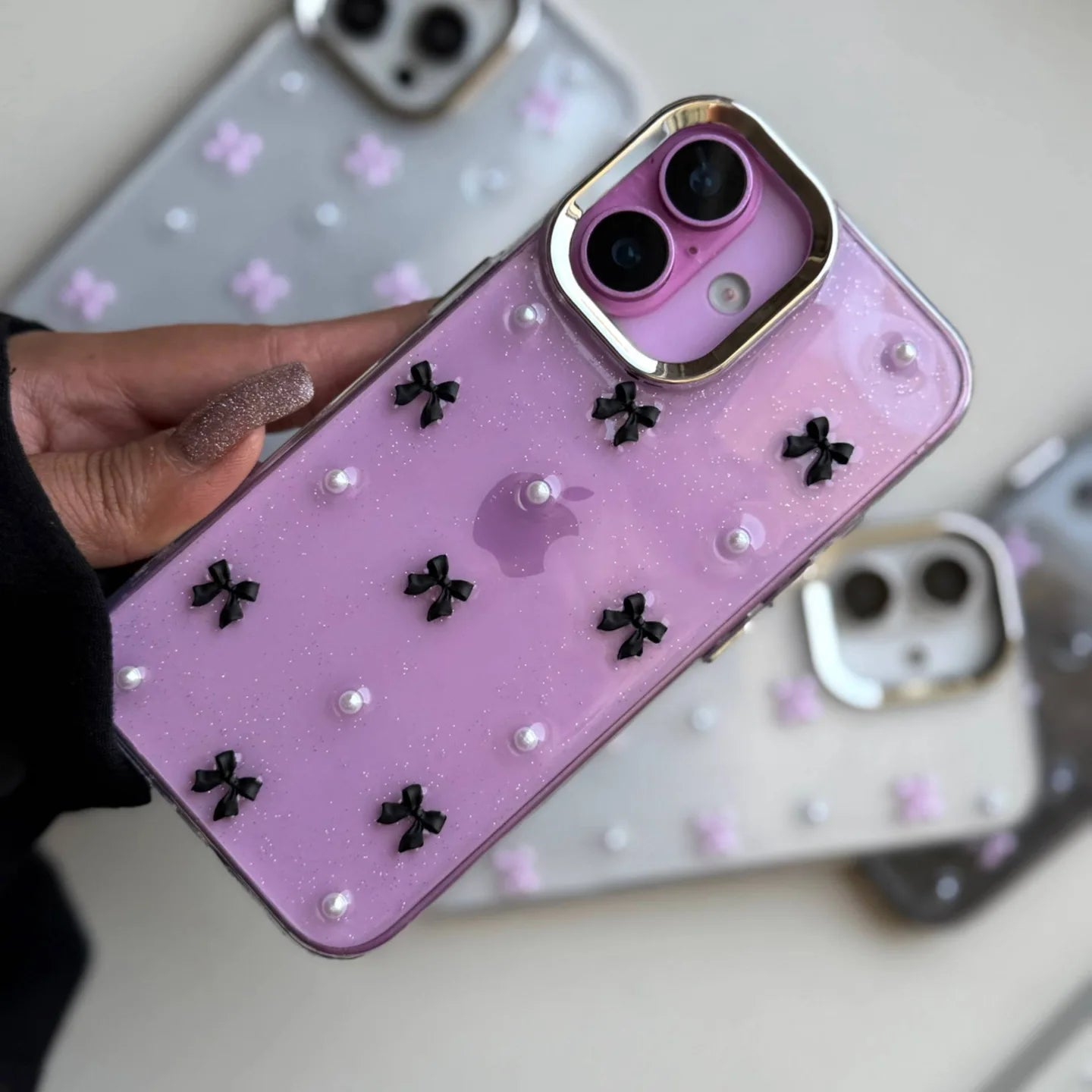 Pink Bow Crystal Shimmer Glittery Case 💗